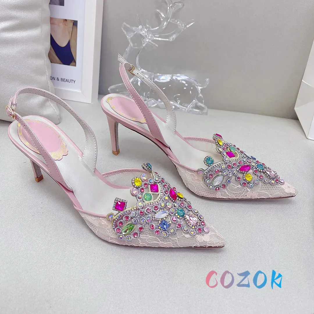 Slippers Luxury Pink Lace Multicolor Crystal High Heel Sandals Wedding Shoes Quality Mesh Back Strap Dress Summer 231010