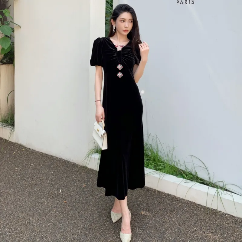 Self Portrait Black Gold Velvet Elastic High Waist Long Dress