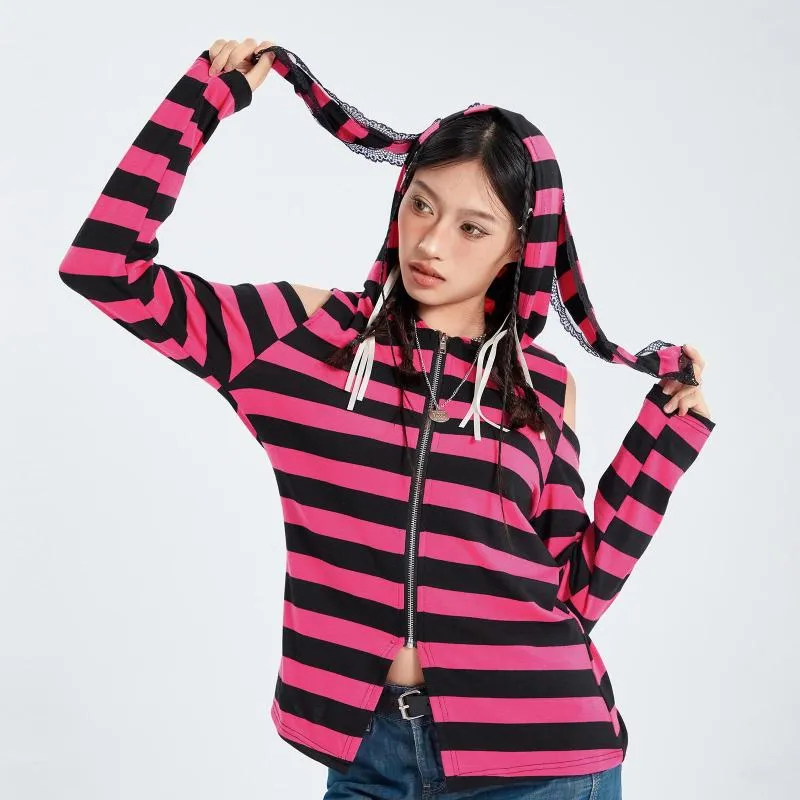 Women's Hoodies Y2K Stripe Print Hoodie Pullover Sweatshirts Cold Shoulder Long Sleeve Zipper Up Sweatshirt Slim Coat With Ear