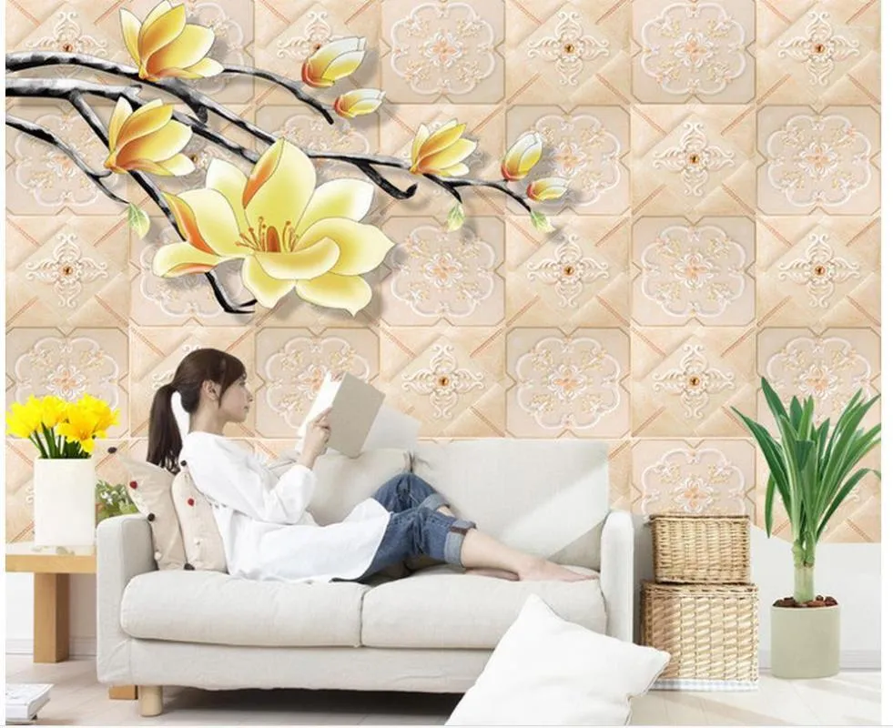 Tapeten 3D-Blumenrelief handgemalte Magnolien-Hintergrundwand PO-Wandbilder Tapetenwandbild