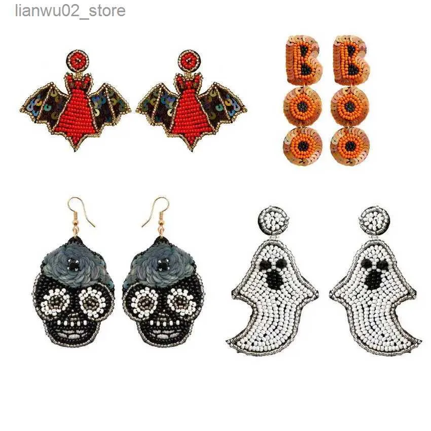 Inne modne akcesoria odczuwające cekinowe nasiona z koralikami Ghost Bat Bat Skull Kolczyki dla kobiet Nowe halloween biżuteria koraliki dyniowe Prezenty Q231011