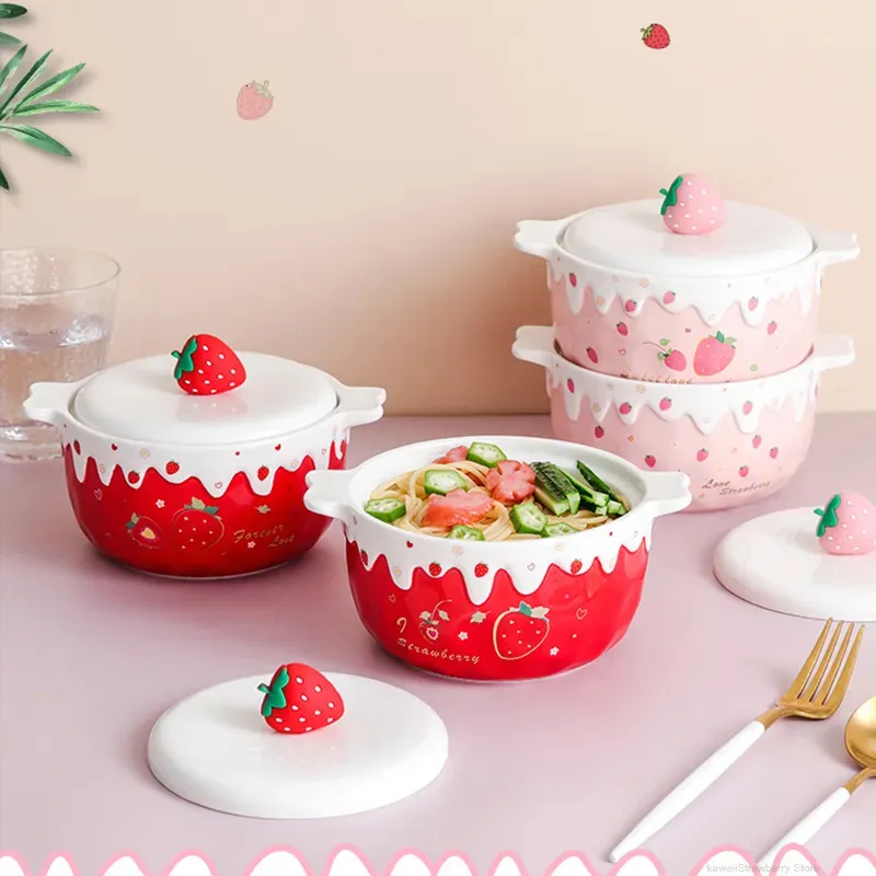 Bols Kawaii fraise Ramen bol avec couvercle céramique mignon gros fruits nouilles instantanées salade soupe maison cuisine vaisselle 700 ml 231011