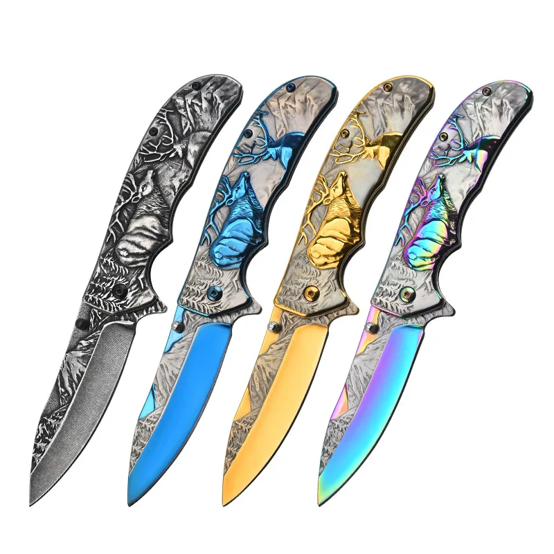 High Hardness Folding Knife Outdoor Camping Pocket Hunting Knife 3D Pattern Tactical Survival Knife Multi usages