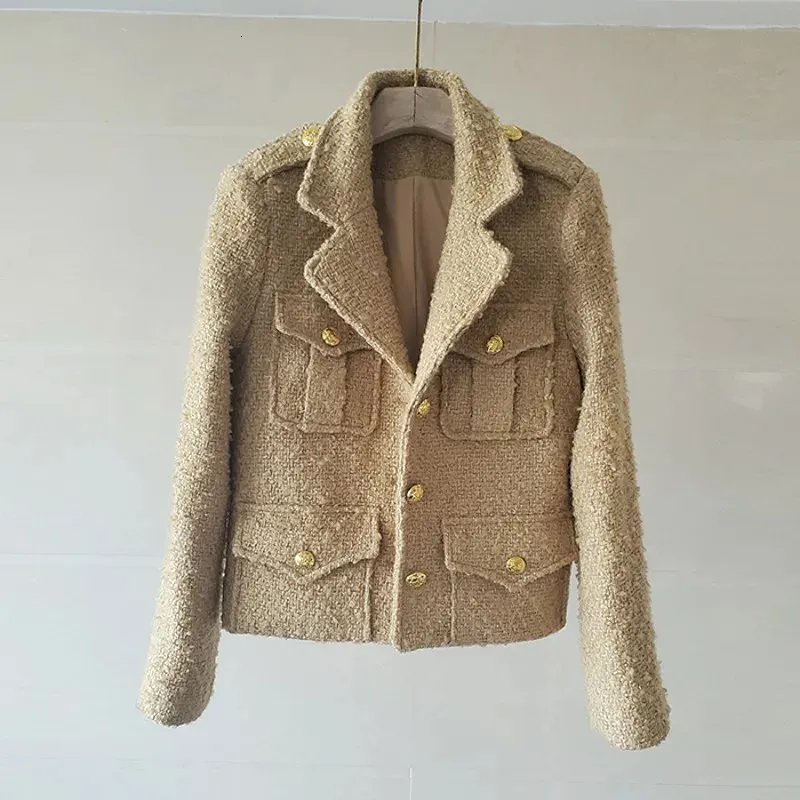 Kvinnorjackor Runway Fall Winter Vintage Coffee Color Woolen Tweed Jacket för kvinnor Lyxiga fickdesign Rockar Kvinnliga Casacos 231010