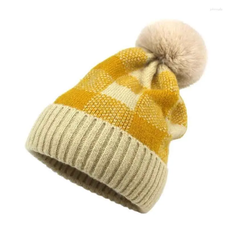Berets zimowy dzianinowy kapelusz moda moda dzika ciepłe ochronę ucha wełniane kule kulkowe urocze blok kolorów