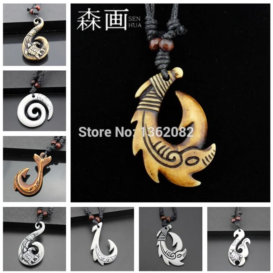 SENHUA Hawaiian Style Men Women's Imitation Bone Carving NZ Maori Fish Hook Charm NecklaceFishhook Pendant Gift MN258235G