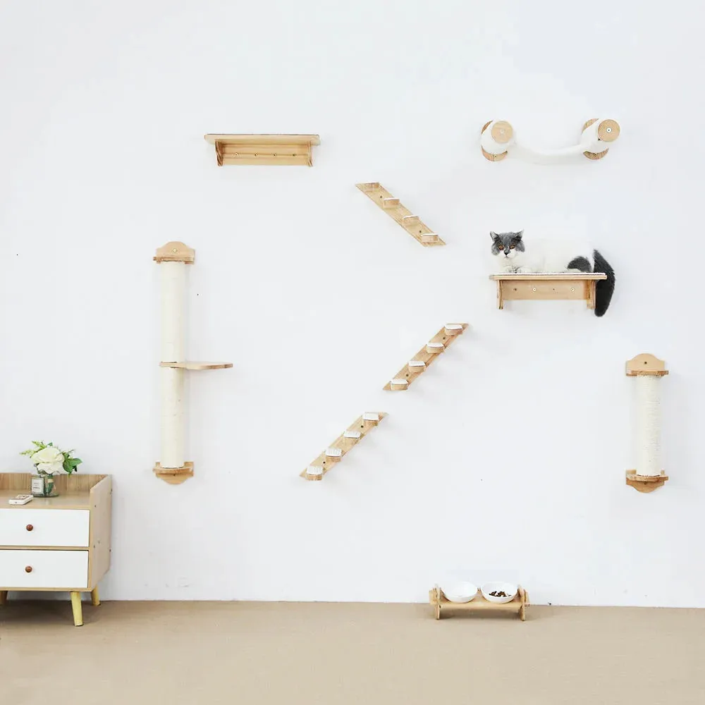 Kattmöbler skrapare väggmonterade kattklättringshyllor hängmatta trärrep stege och hoppplattform skrapstolpe för kattvägg husdjur möbler 231011