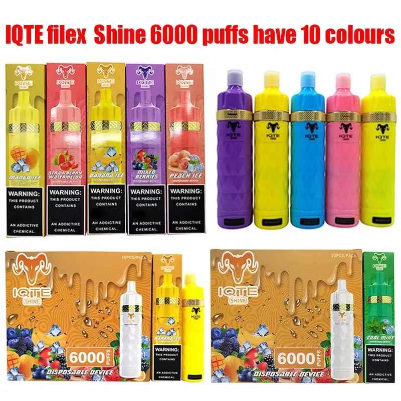 E papierosy 2023 Oryginalne 100% IQTE Filex Shine 6000 Puffs 650 ml 15 ml wstępnie wypełnione urządzenie Vape Autoryzowane 10 korlorów