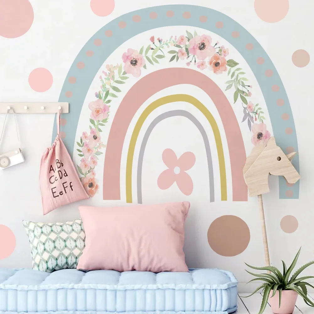 Wall Stickers Large Watercolor Rainbow Flower Decals Peel and Stick Self Adhesive Colorful Sticker for Bedroom Decor Kids 231010