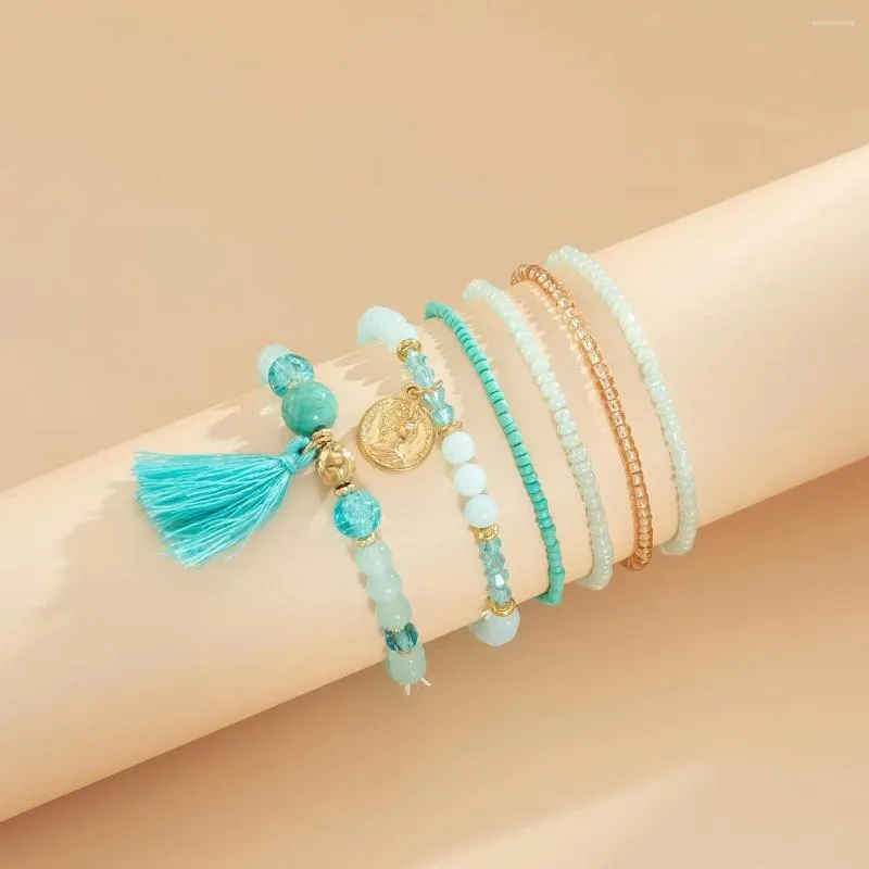 Link pulseiras 6 peças de moda azul cristal arroz grânulo pulseira elástica com borlas para temperamento feminino e jóias em camadas