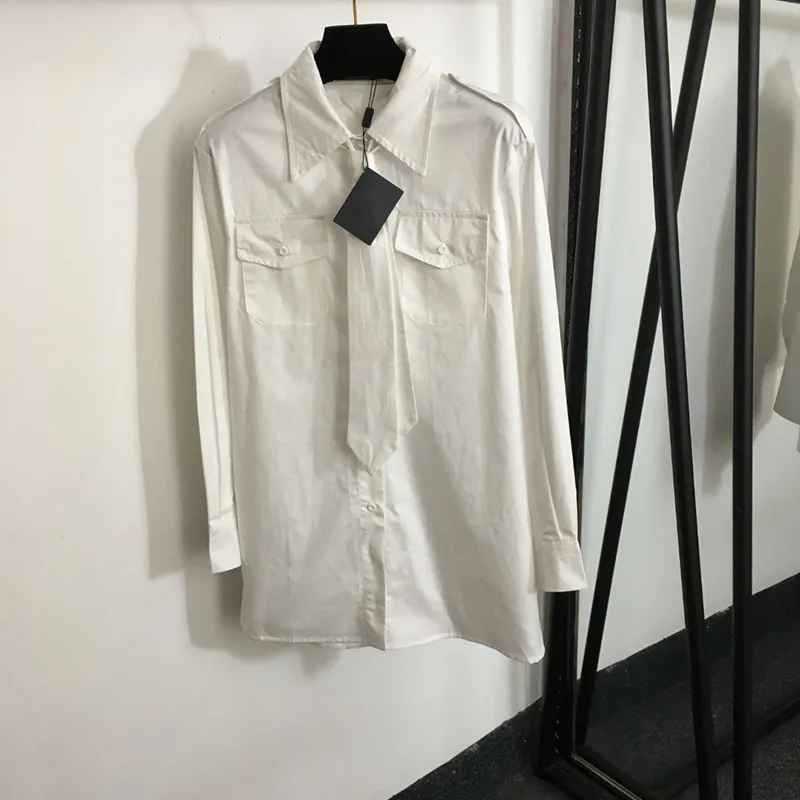 캐주얼 넥타이 디자이너 티셔츠 여성 면화 티 더블 포켓 디자인 셔츠 2 색 긴 슬리브 셔츠 티