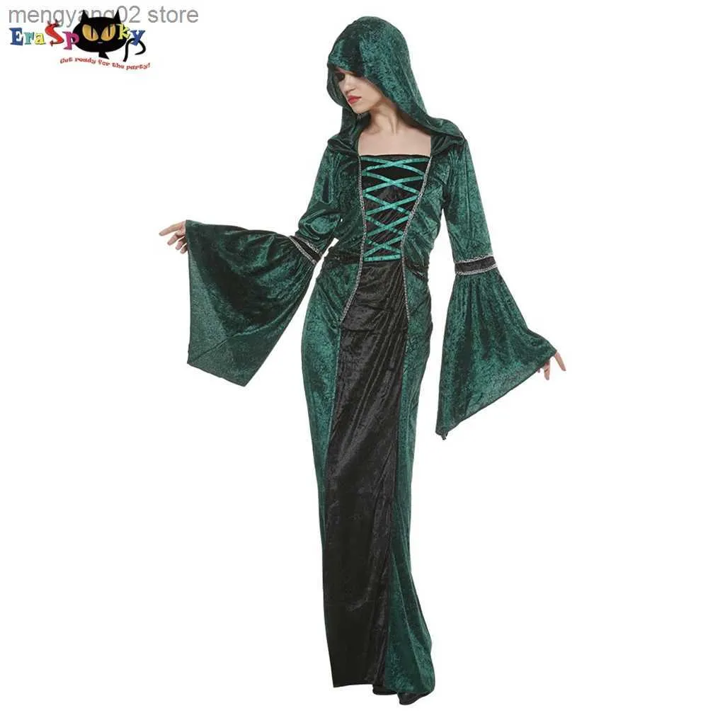 Costume a tema Eraspooky Medievale Donna Mago Vieni Verde Smeraldo Strega Abiti Cosplay Halloween Victoria Dea Abito con cappuccio per Carnevale T231011