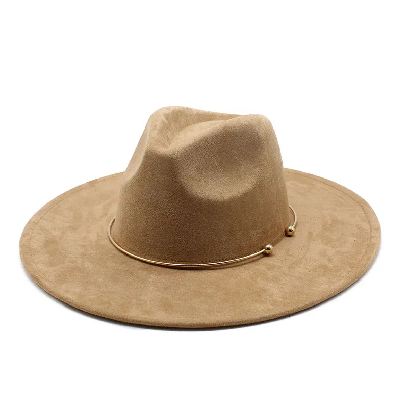 Chapeaux Fedora en daim pour femmes, chapeau de Cowboy occidental à bord large de 9.5cm, cercle doré pour hommes, automne hiver Jazz Church Sombrero casquettes