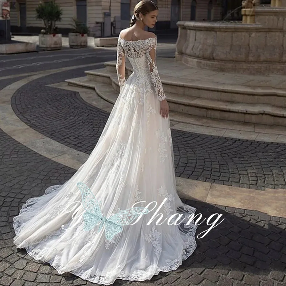Elegant Boat Neck White Wedding Dress Long Sleeve A-Line Button Luxury Lace Appliques Bride Gown Tulle Sweep Train