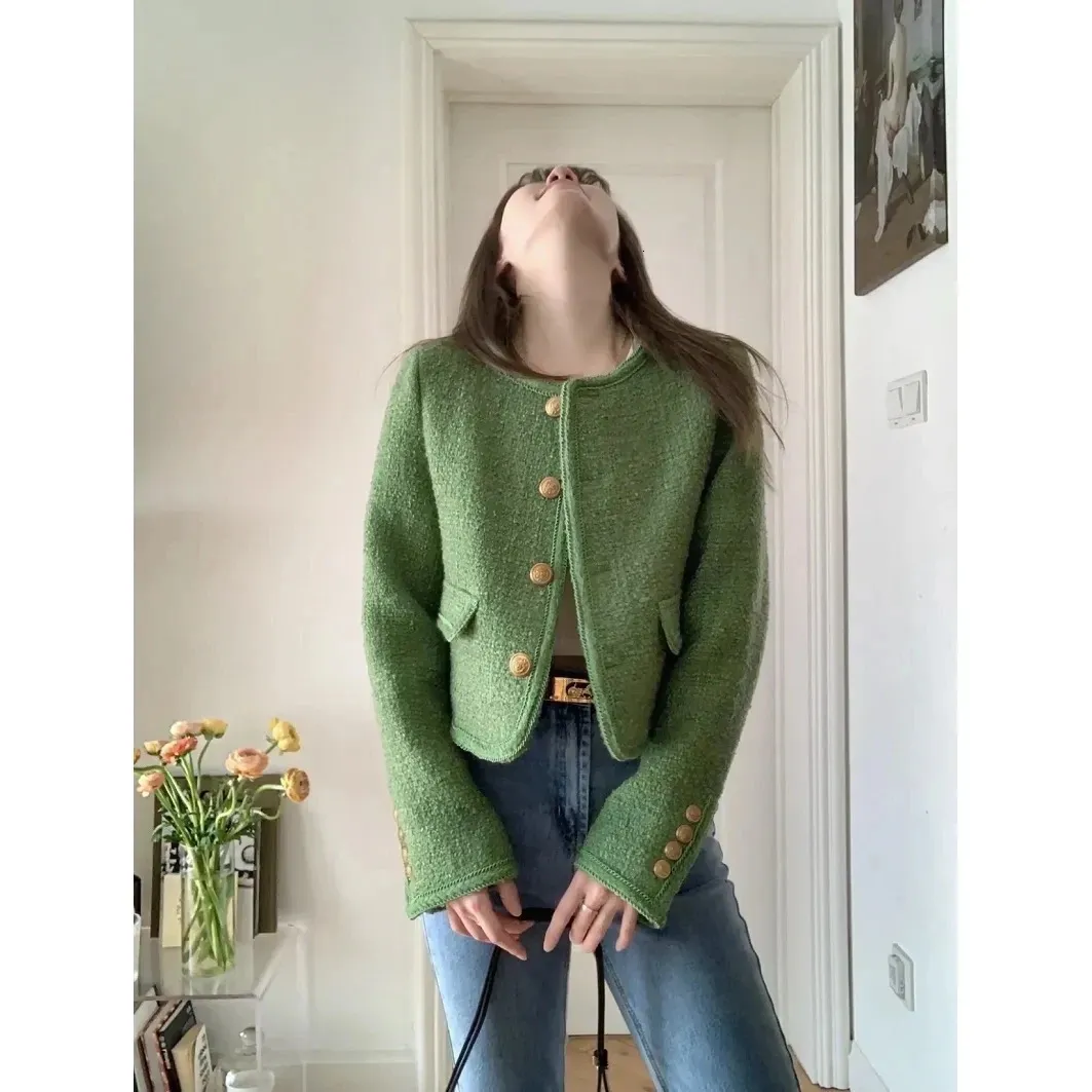 Womens Jackets Women Green Tweed Cropped Jackets O Neck Long