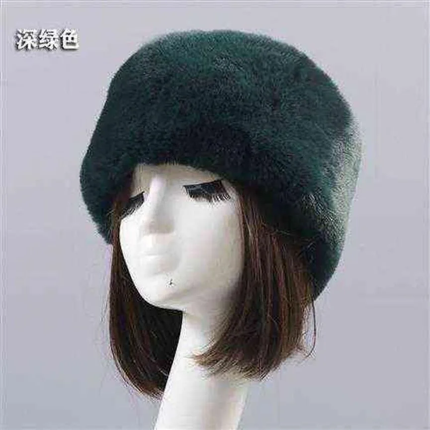 Dark Green Flat Roof Fluffy Snow New Year Winter Plush Thick Fur Hat Faux Fox Furry Cap Head Warmer Outdoor Hats Women Girl Men Y2215a