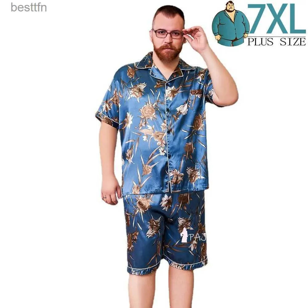 Herren-Nachtwäsche, Übergröße, 3XL, 5XL, 7XL, Seide, für Männer, große Größe, Pyjama, Kurzarm, Heimkleidung, Pyjama-Set, Satin-Nachtwäsche, Pyjama-Hose, Anzug, L231011