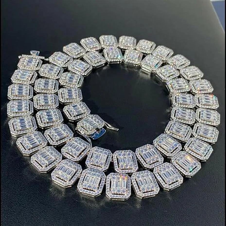 Prawdziwy mrożony srebrny bagietka łańcuch tenisowy 14k biały złoto Plaked 9 mm mężczyzn kobiety Diamentowy naszyjnik Choker Hip Hop Biżuter