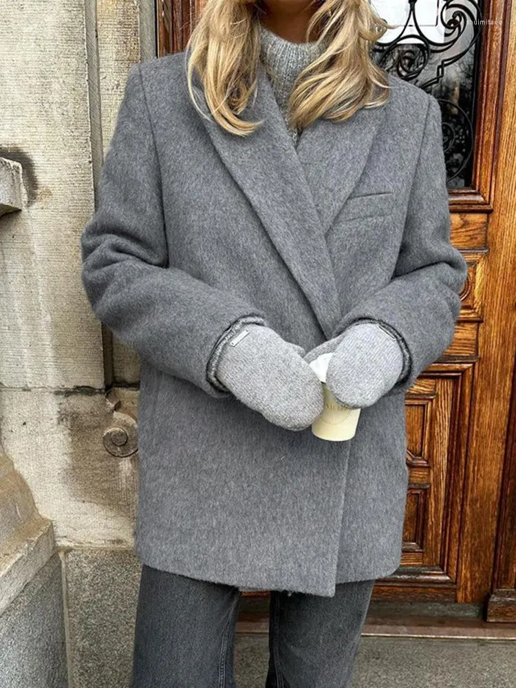 Giacche da donna Cappotto di lana grigio Donna Autunno Inverno Manica lunga Risvolto Giacca spessa Moda femminile Vintage Casual Allentato Bottone singolo