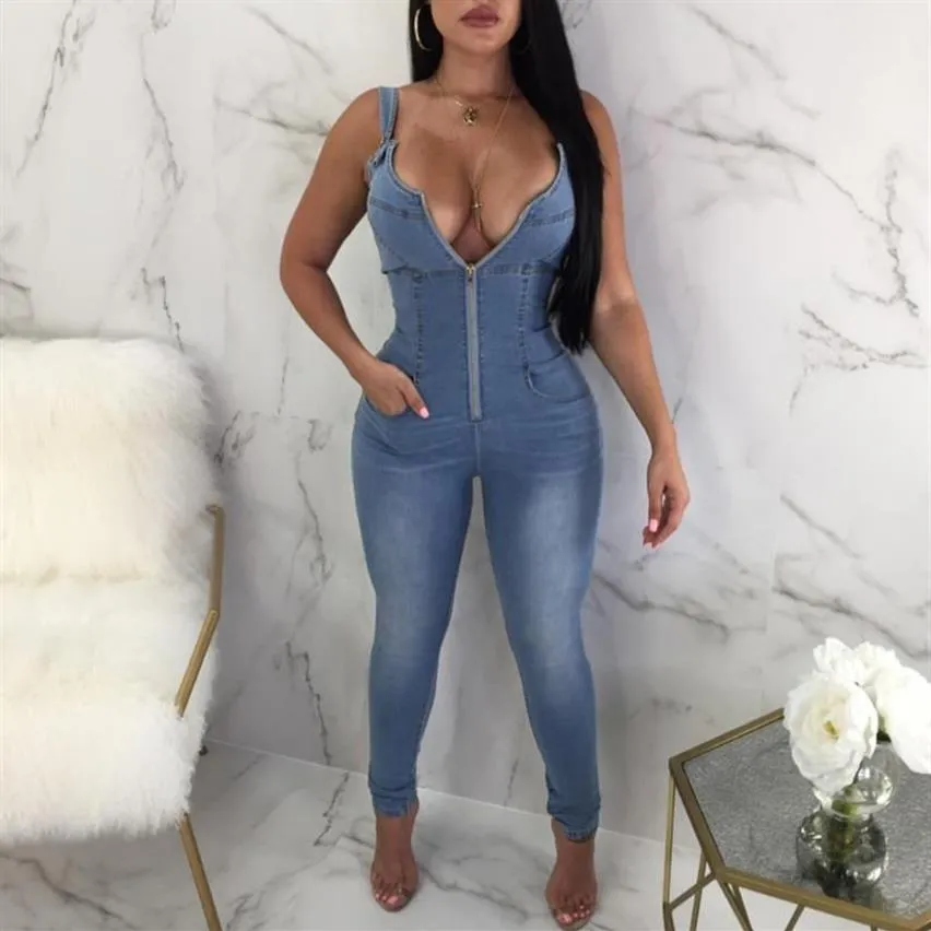 Kvinnors jumpsuits rompers Women Suspender Jumpsuit Spaghetti Strap Denim Jeans ärmlös backless blixtlås Sexig Dungarees ov239s