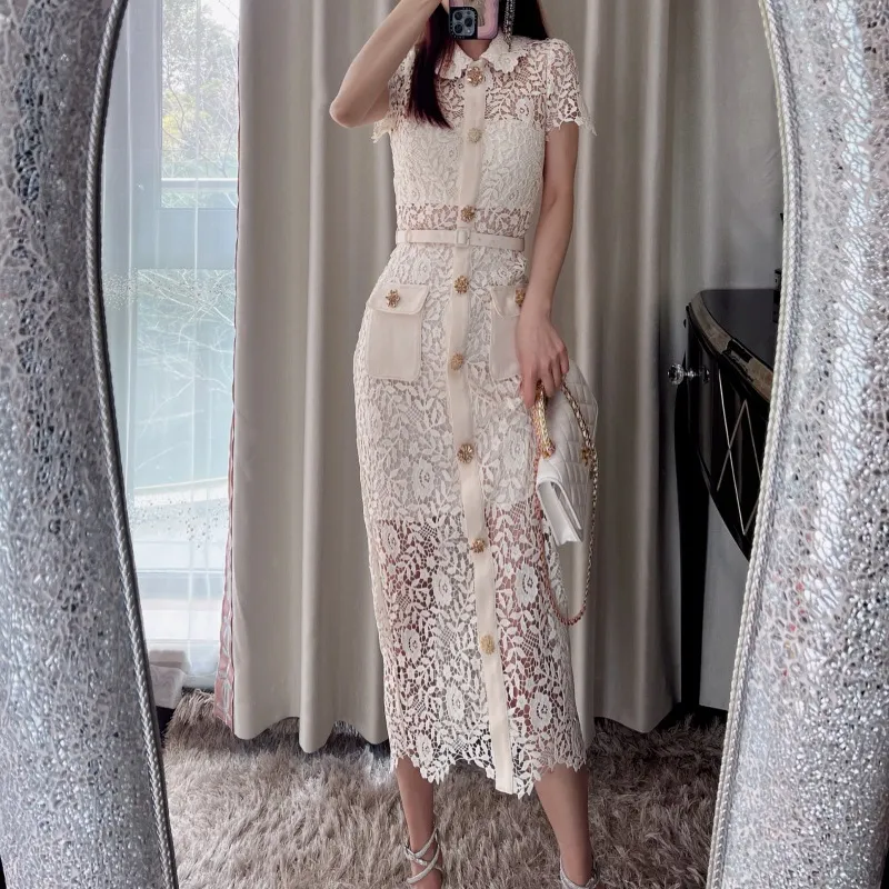 knee length dresses for ladies Beige And Black Lace Maxi Dress main image 1