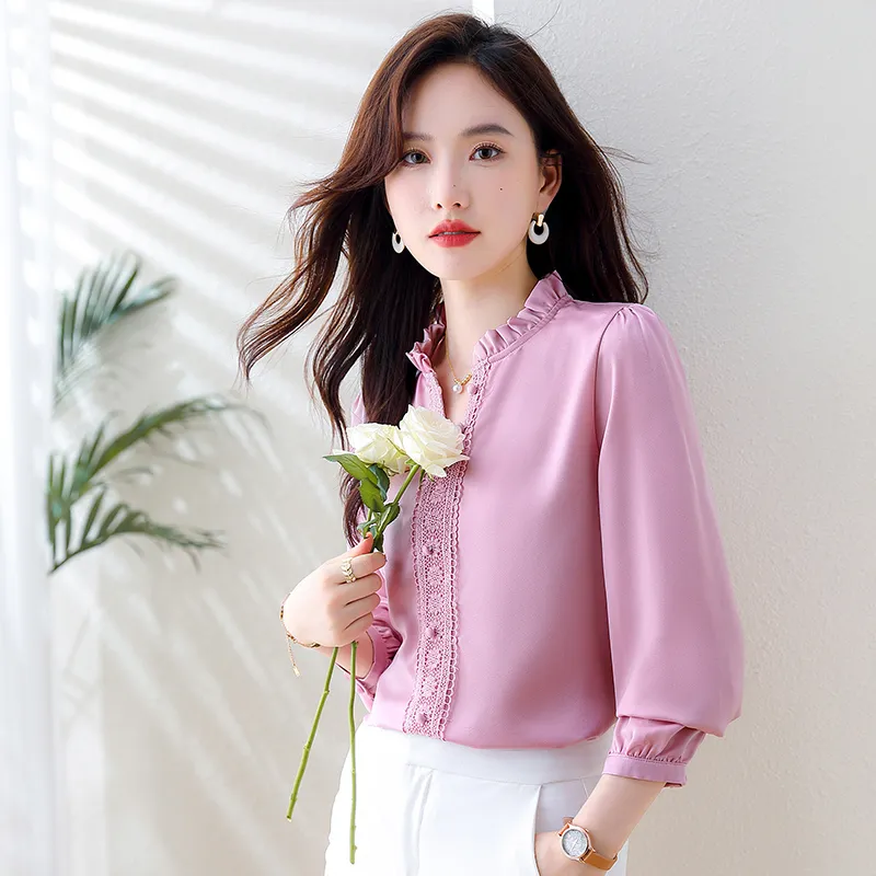 2023 Fashion Stand Collar Pink Blouses Silk Satin Women Designer Runway Lantern Sleeve Vintage Blouse Plus Size 2023 Autumn Winter Chic Office Lady Fine Elegant Tops