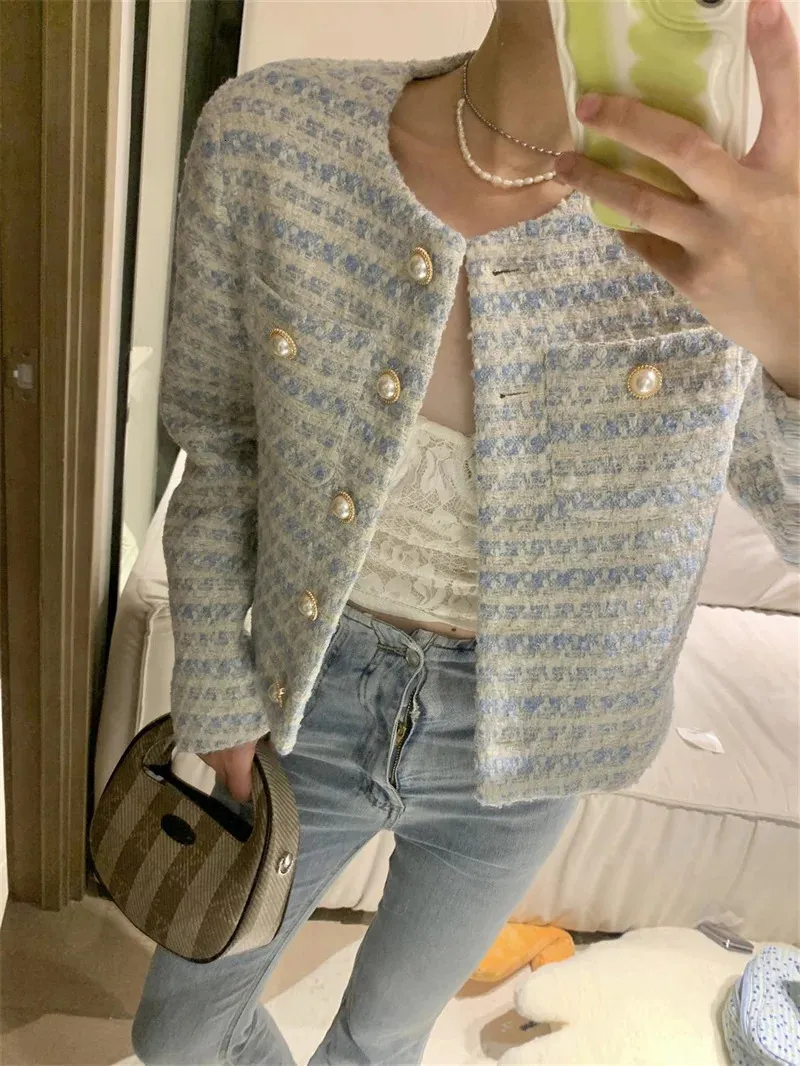 ★韓国人気★MIAE★Line button tweed jacket Vintage Korean Fashion Women's Light Blue Tweed Striped