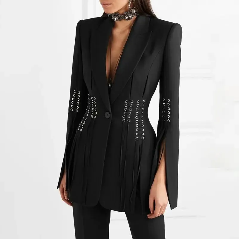 Women's Suits Blazers HIGH QUALITY est Designer Coat Women's Single Button Lacing Up Rope Split Blazer Jacket 231010