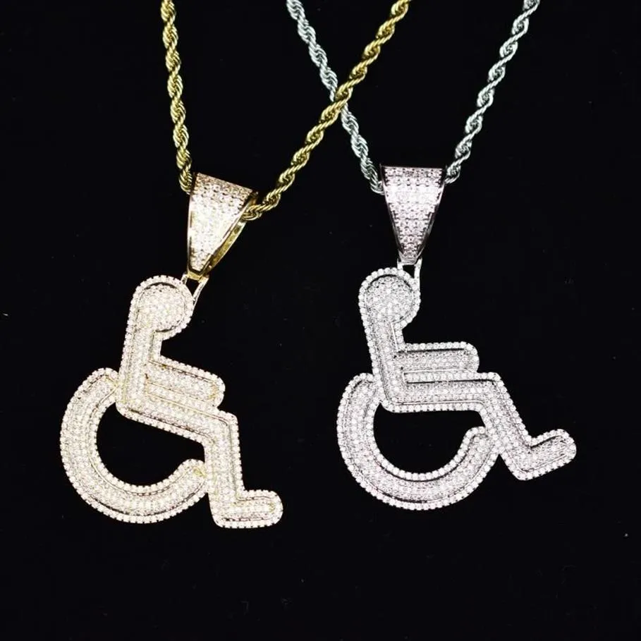 Colares Pingente Iced Out Disabled Wheelchair Logo Colar Ouro Prata Cor Bling CZ Cristal Hip Hop Rapper Chain para Homens Women2019