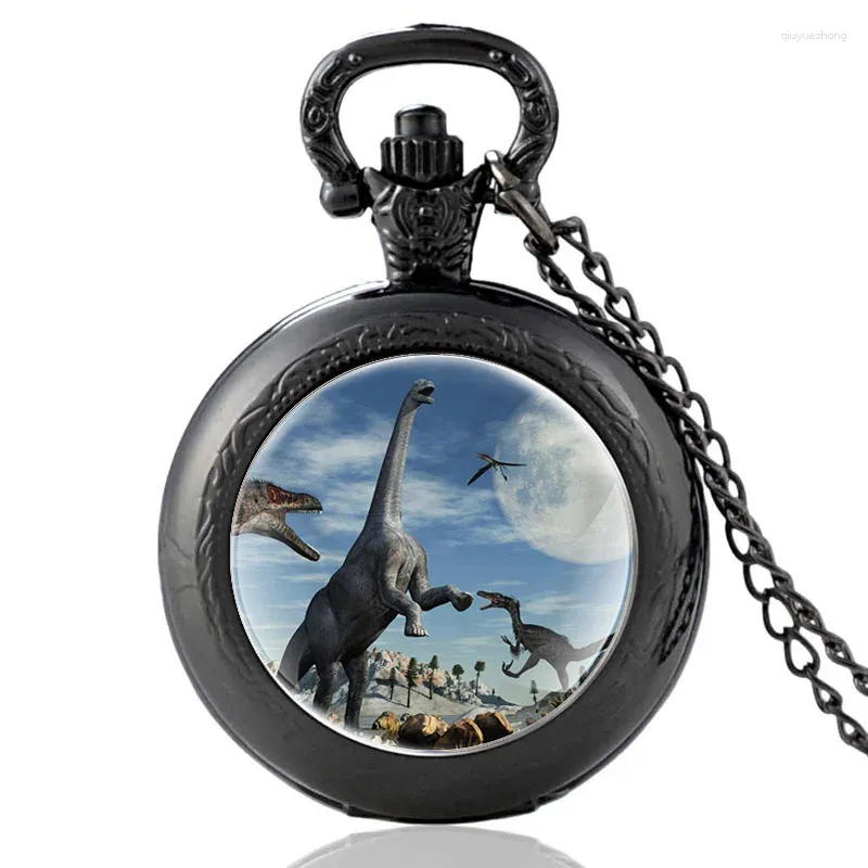 Pocket Watches Ancient Dinosaur World Design Vintage Quartz Watch Men Women Pendant Necklace Hours Clock Presents