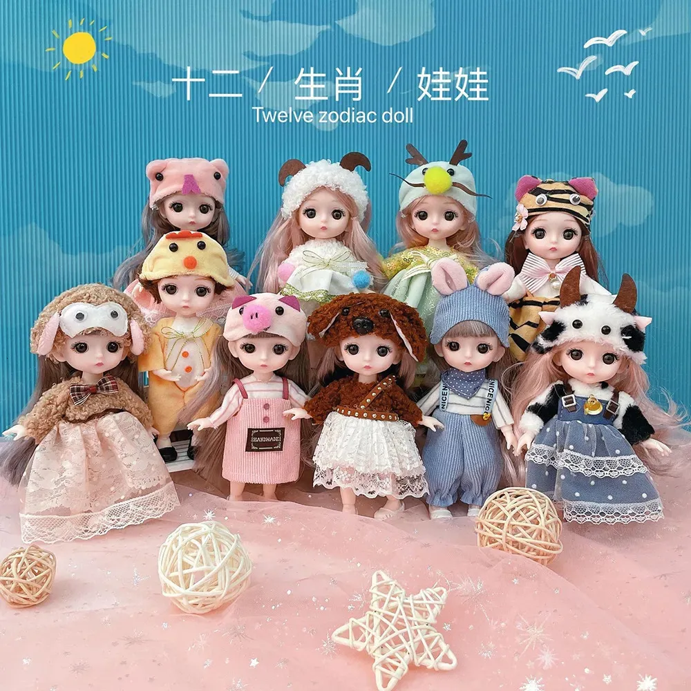 Dolls BJD 16cm Dimple Smile Doll 13 Movable Joints Clothes Suit Accessories Girl Gift Toy Mini OB11 Multicolor Hair 12 Zodiac Signs 231011