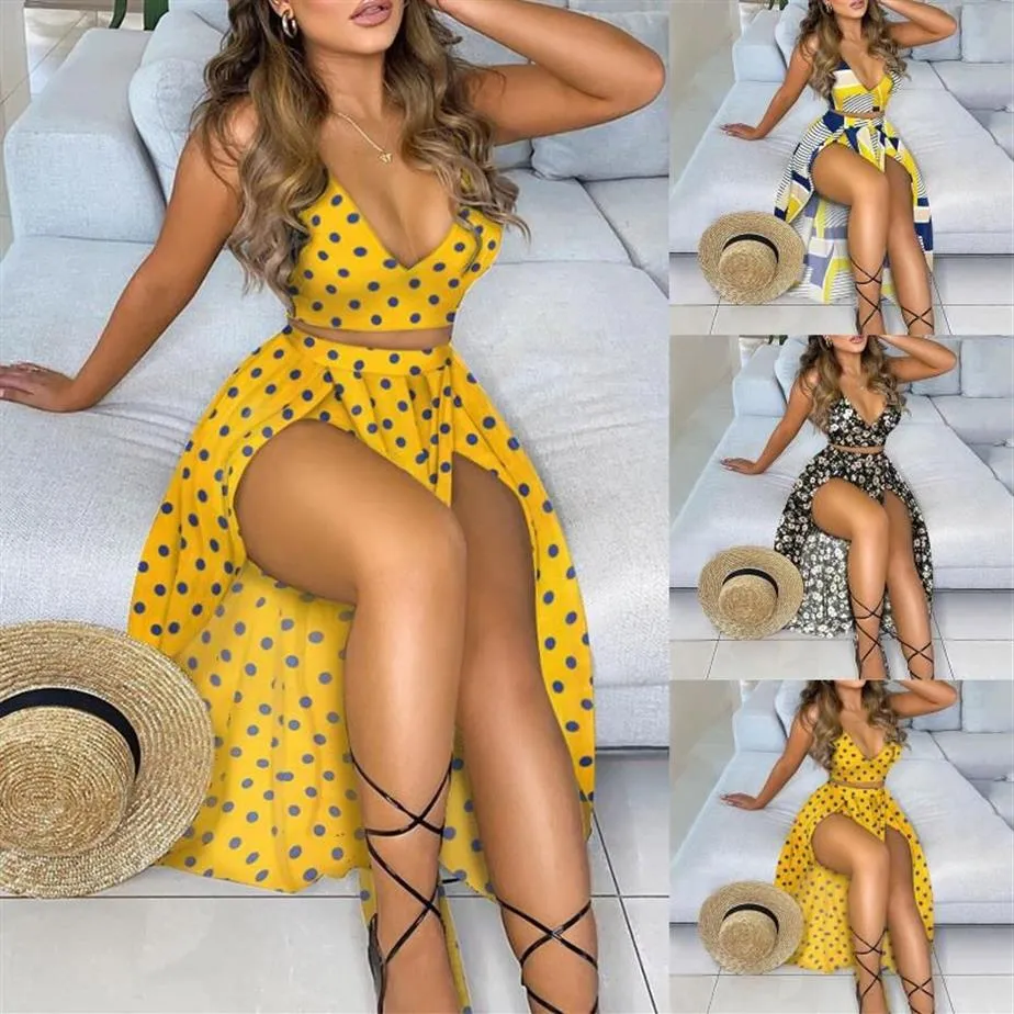 Vestidos casuais mulheres floral impressão longa praia vestido define férias v pescoço sólido colheita top sheer alta fenda maxi saia terno duas peças ve246n