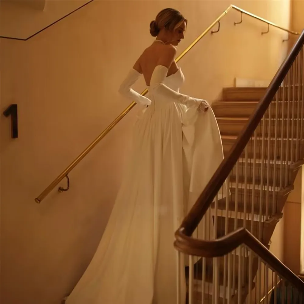 elegant tea length wedding dresses A-Line/Princess Off-the-Shoulder Tea-Length Satin Elegant Gown Wedding Dress, White main image 0