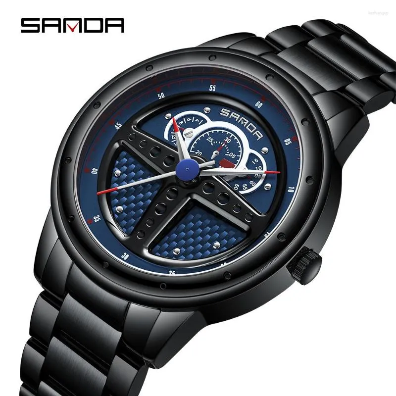 손목 시계 패션 Sanda Top Full Steel 3D Racing Steering Wheel Dial Men Water 방수 쿼츠 캐주얼 reelogio Masculino 시계