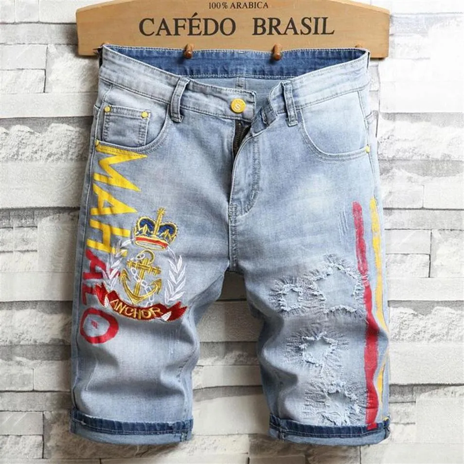 Men Embroidery Blue Jeans Denim Shorts Summer Designer Men's Badge Patckwork Bleached Retro Big Size Letters Patches short Pa181f