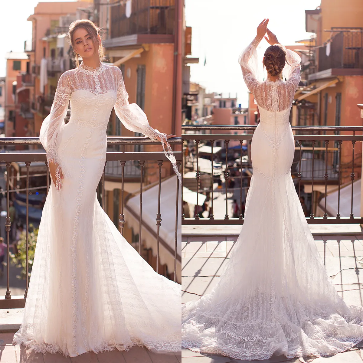 Abito da sposa a sirena bohémien primaverile Abito da sposa a maniche lunghe con collo alto trasparente e mantella Vestido De Fiesta Abito da sposa personalizzato