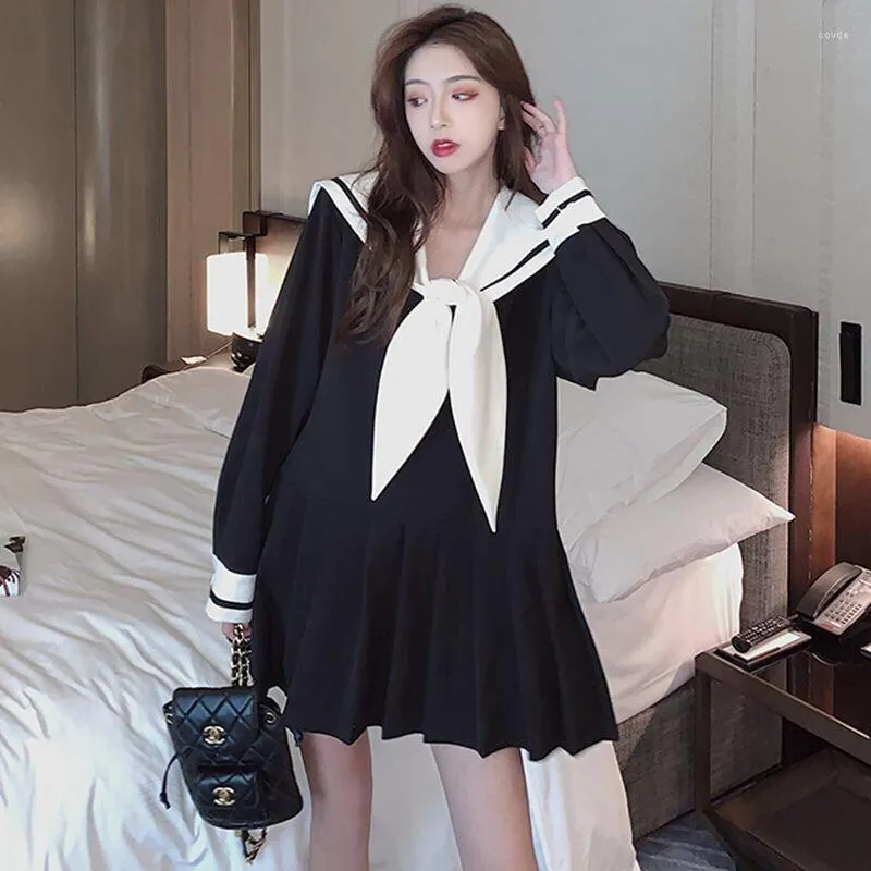 Casual Mini A-Line Dress for Women: Long Sleeve, Sailor Collar, Patchwork,  French Autumn Style, All-Match, Loose, Stylish, Leisure, Korean Student ...