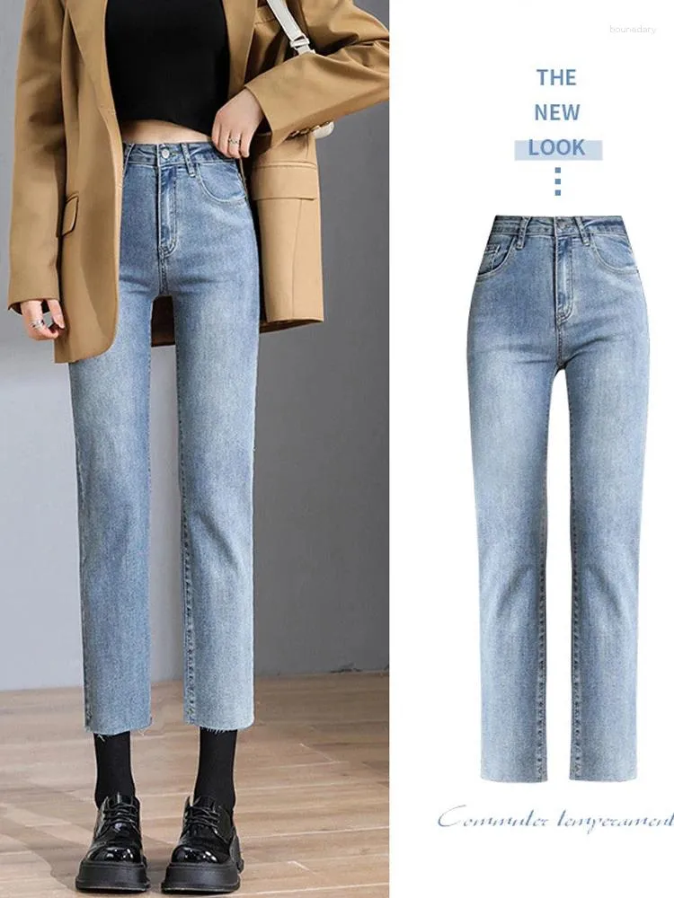 Women's Jeans Light Blue Women Ankle Length Washed High Waist Pockets Y2k Female Denim Pants Straight Leg Streetwear Boyfriend 2023
