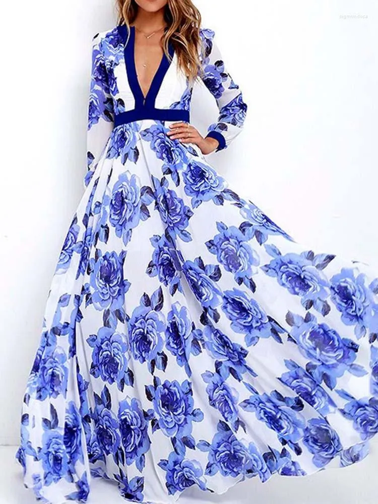 Robes décontractées 2023 Harajuku Vintage Bleu Blanc Porcelaine Imprimer Maxi Robe Femmes Printemps Été Mode Élégante Fête À Manches Longues