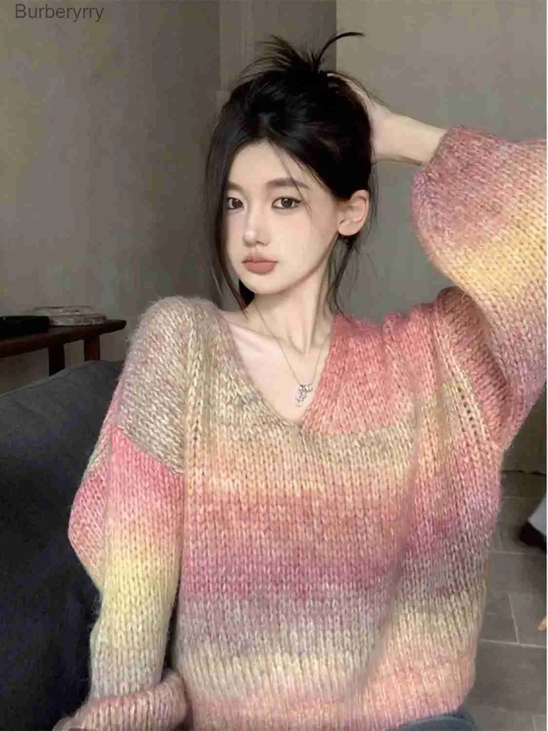 Women's Sweaters New Korean Style Pink Cropped Sweater Women Striped Jumper Vintage Fe Autumn Long Sleeve Crewneck Pullovers TopsL231011