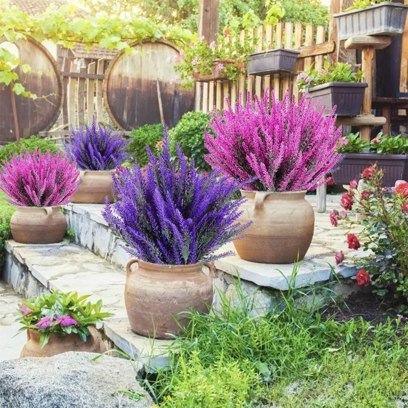 Flores decorativas ao ar livre lavanda artificial resistente a uv plantas falsas flor de plástico falso para jardim de suspensão interno externo