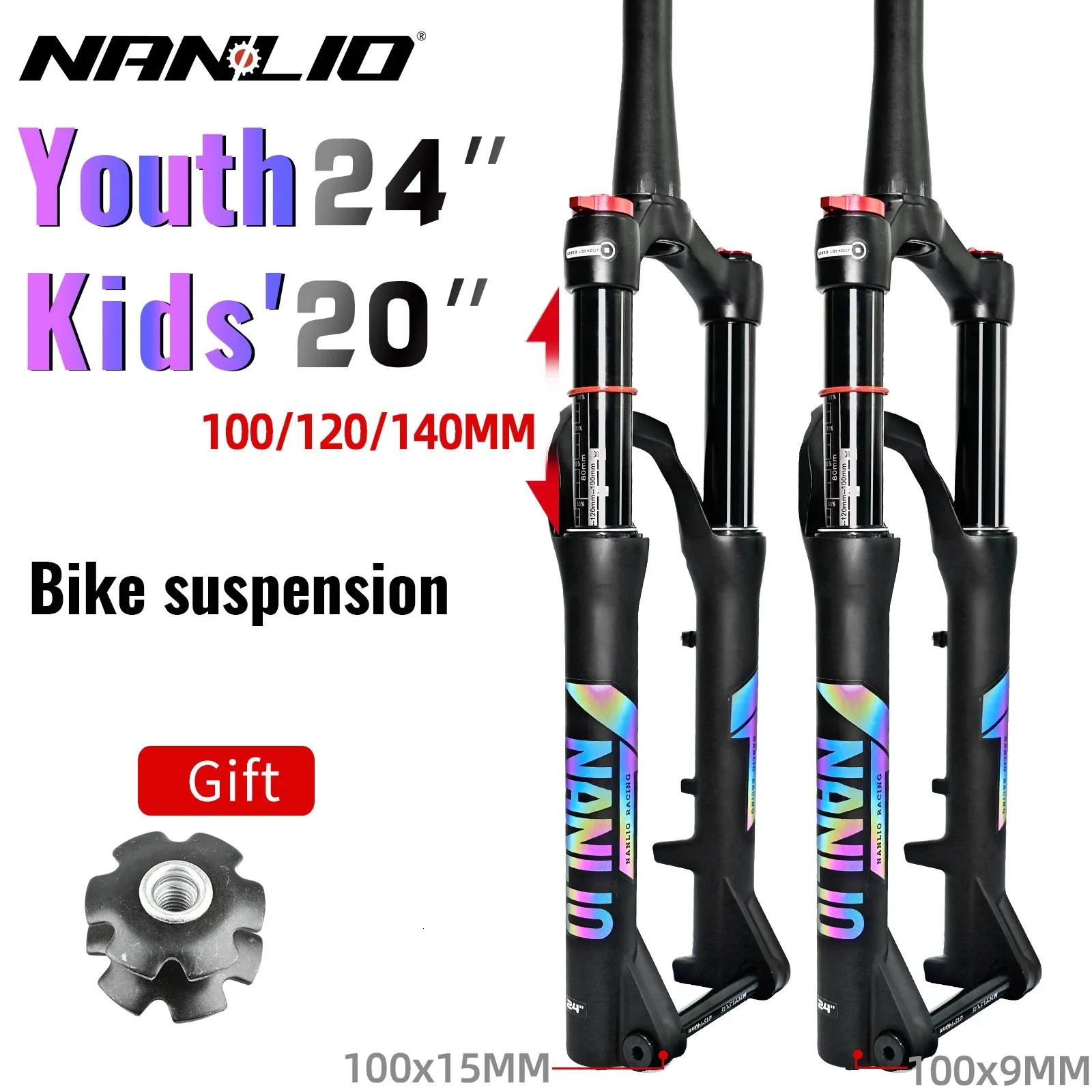 Forcelle per bici NanLio Student Youth Mountain Shock Forcella ammortizzata per bicicletta per bambini 20 24" 100 120 140mm Blocco spalla Olio e gas 231010