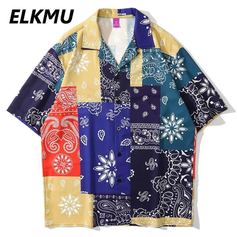 Bandana Paisley Pattern Color Block Hawaiian Shirts Beach Holiday Casual Short Sleeve Shirt Tops Harajuku Blouse HE927 Men's271d