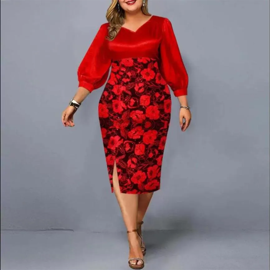 Plus Size Dresses Elegant Dress 2021 Women Floral Print Mid Red Autumn Ladies Sexy V-Neck Christmas Club Party 3XL 4XL 5XL271Y