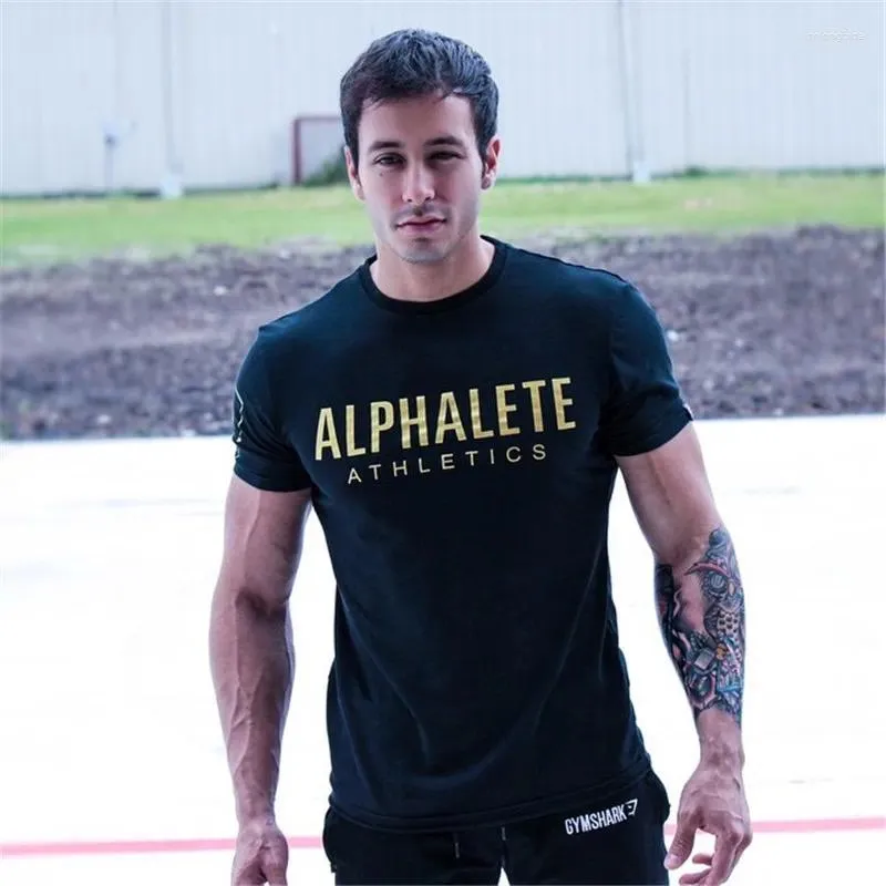 Men's T Shirts ALPHALETE 2023 Mens Gyms Shirt Crossfit Fitness Bodybuilding Printed Fashion Male Short Cotton Clothing Brand Tee Tops