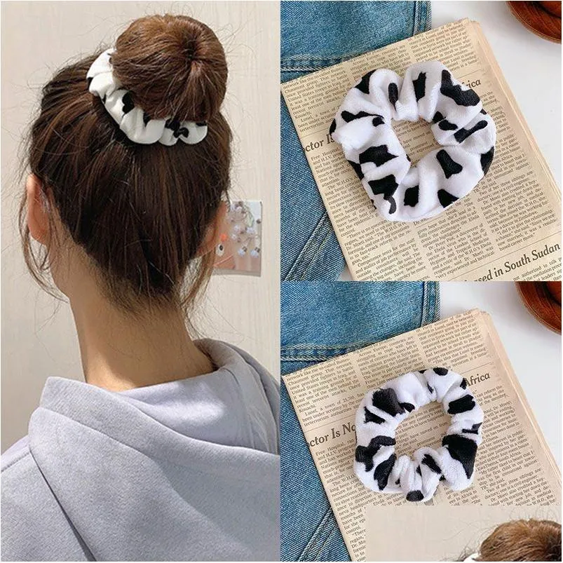 Hair Accessories Cow Black White Plush Elastic Hair Bands Curling Tie Ring Loop Ponytail Holder Scrunchie Rubber Rope Band Headwear Ha Dhlcv