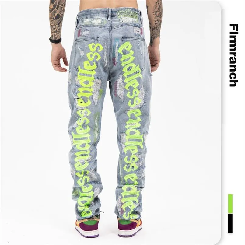 Firmranch retour lettre broderie jean pour hommes Ins rue trou cassé Homme lâche sans fin Denim pantalon Moto Trouse252C