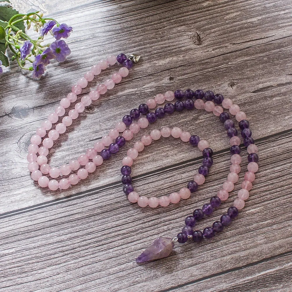 Chokers 8mm Amethyst Rose Quartz Beads 108 Mala halsband Meditation Yoga Bönsmycken Japamala Set With Pendant for Women 231010