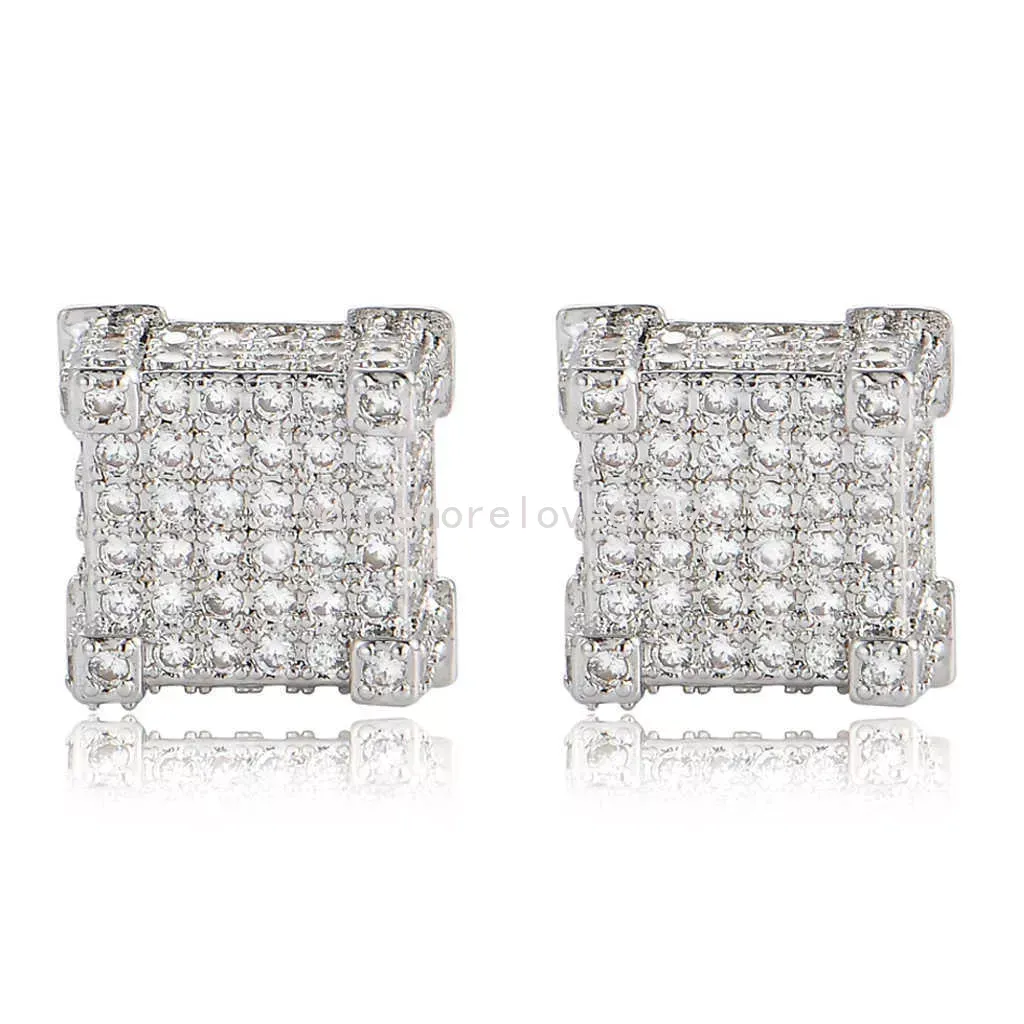 Hip Hop Hommes Boucles D'oreilles Goujon Vis Arrière Carré Glacé Cubique Zircone Personnalité Tendance Boucle D'oreille Goujons Oreille Véritable Pierre Bijoux Pour Guy Hommes