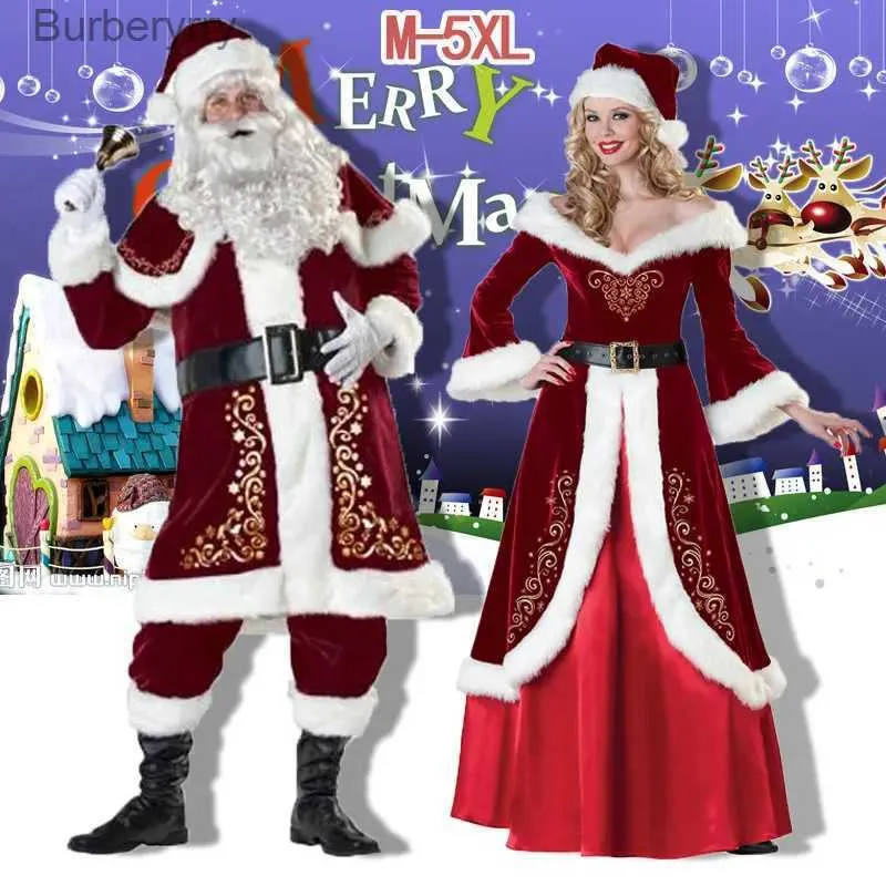 Theme Costume XL M-5XL Couple Christmas Santa Claus Cosplay Come Cosplay Red Corduroy Lady Elegant Christmas Party Long Dress SetL231010